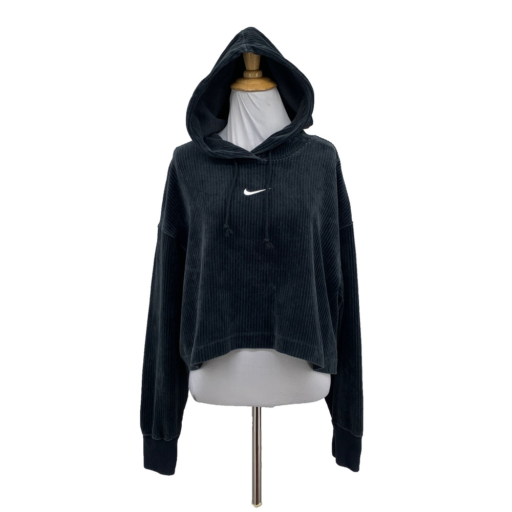 Nike Hoodie Womens Medium Dark Spruce Velour MOD Crop Ribbed Pullover Sweatshirt